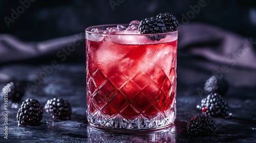 A creative Bramble cocktail with blackberry garnish, isolated on a dark background with bold, moody lighting