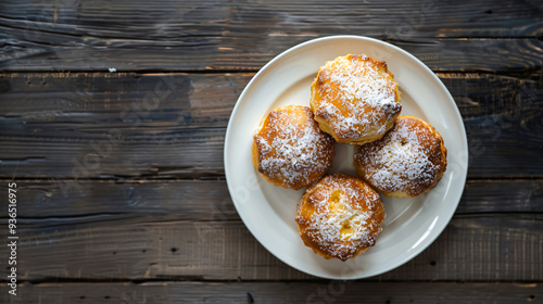 Four tasty cookies with sugar powder lying on white plate standing on old wooden table