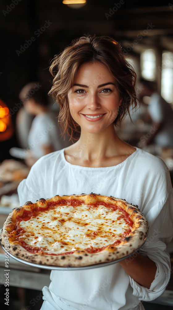 Young smiling woman holding a big Italian pizza. Young smiling woman holding a big Italian pizza.