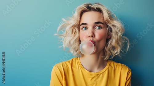 Blonde woman blowing a gum bubble against a blue background.