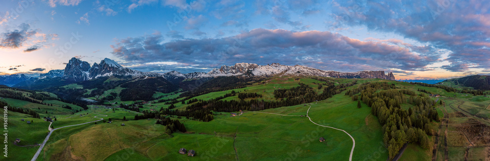 Panoramic view from the Seiser Alm to the Dolomites in Italy, drone shot.