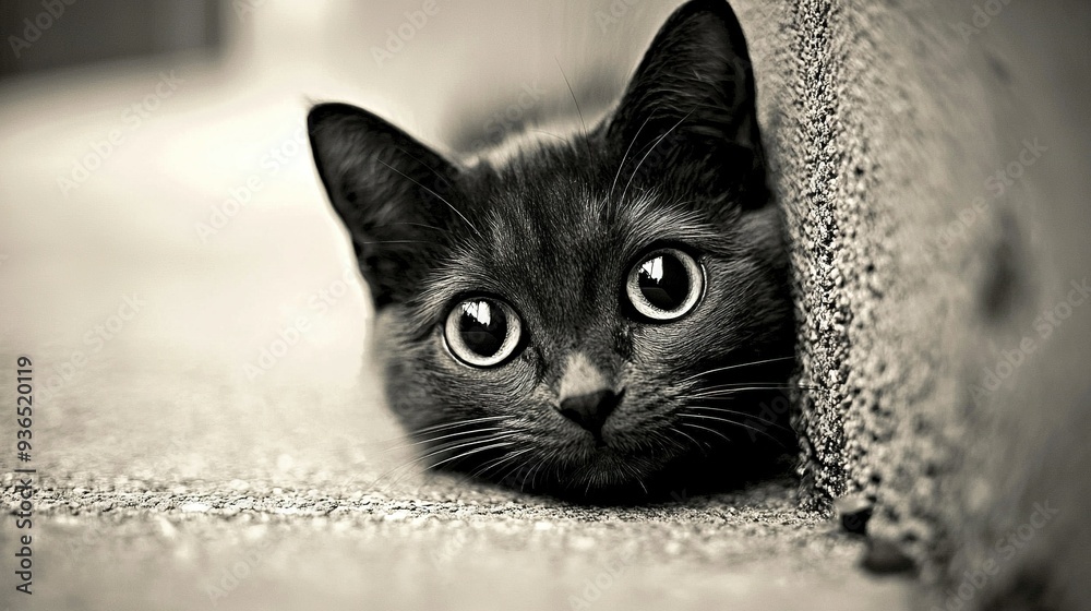 Black-and-white photo of a cat peeking out from behind a carpeted wall ...
