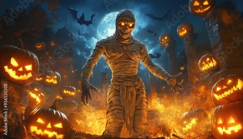 Mummy pharaoh rising from a haunted tomb, surrounded by glowing jackolanterns and ancient curses photo