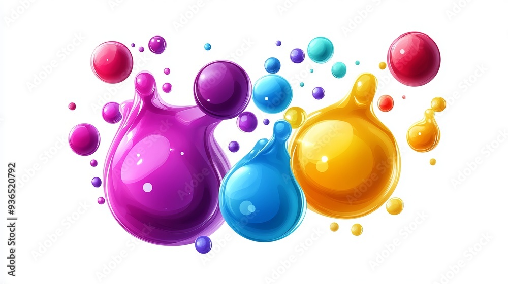 Set of 3D liquid blobs with abstract colored spheres in motion. Vector realistic render of bubbles on a white background, resembling lava lamp elements.