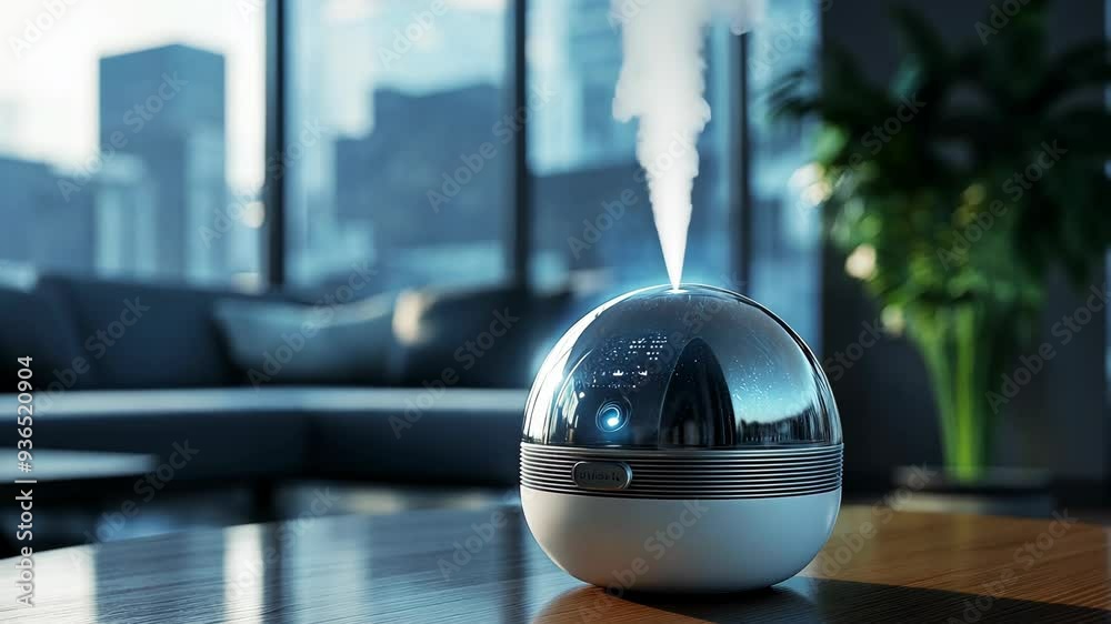 Future air humidifier in modern living room interior. Essential oil aroma diffuser emitting mist, enhancing air quality. Home wellness and relaxation. Humidity control. Futuristic technology