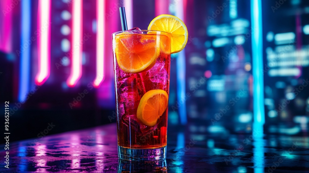 A vibrant Long Island Iced Tea with lemon slices, set against a modern, urban-themed backdrop with neon lighting A vibrant Long Island Iced Tea with lemon slices, set against a modern, urban-themed backdrop with neon lighting