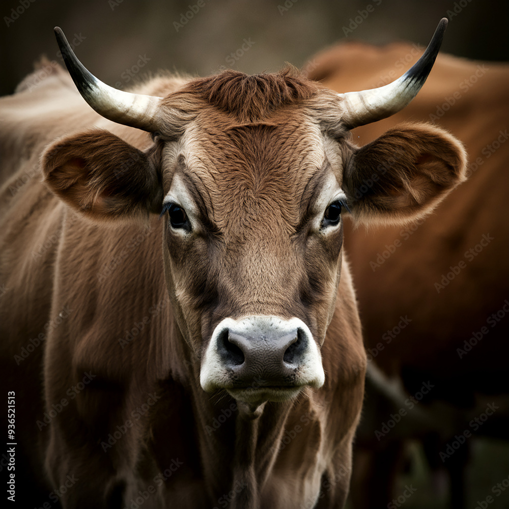 cow brown, white with horns in nature cow brown, white with horns in nature