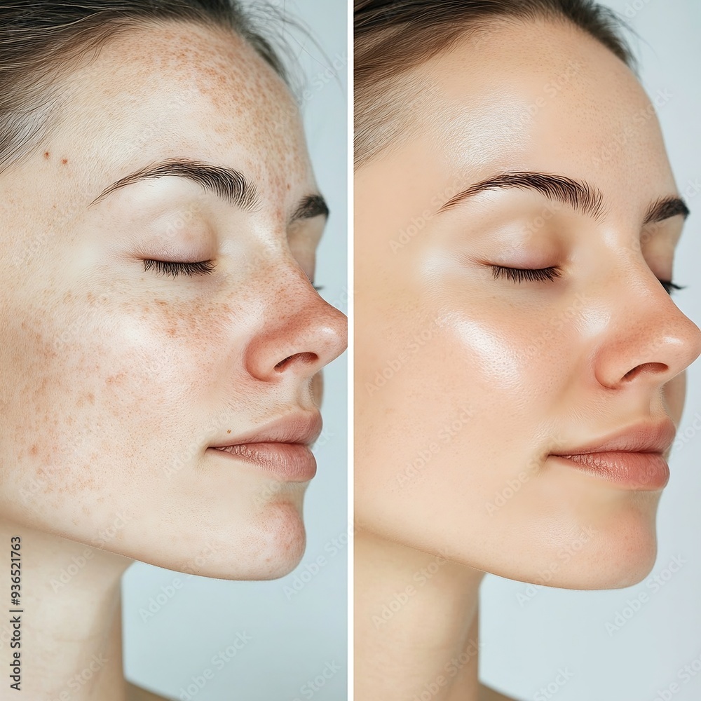 Obraz premium Girl's face before and after deep facial cleansing procedure. Acne, skincare and cosmetic treatment concept. Close-up collage portrait for poster, commercial, presentation