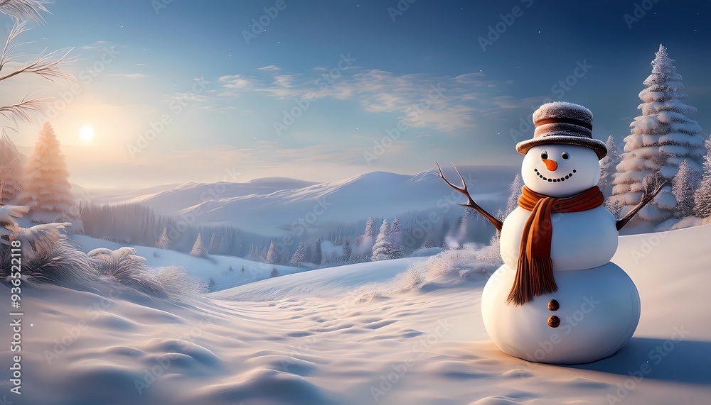 Obraz premium snowman in an idyllic winter landscape, christmas card