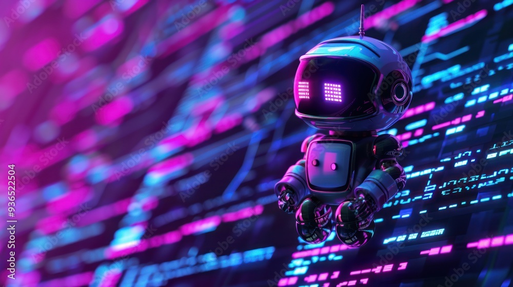 3D illustration of cute robot icon floating in line neon light 3D illustration of cute robot icon floating in line neon light