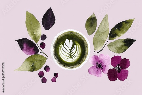 Matcha latte with leafy green and floral arrangement on soft pink background