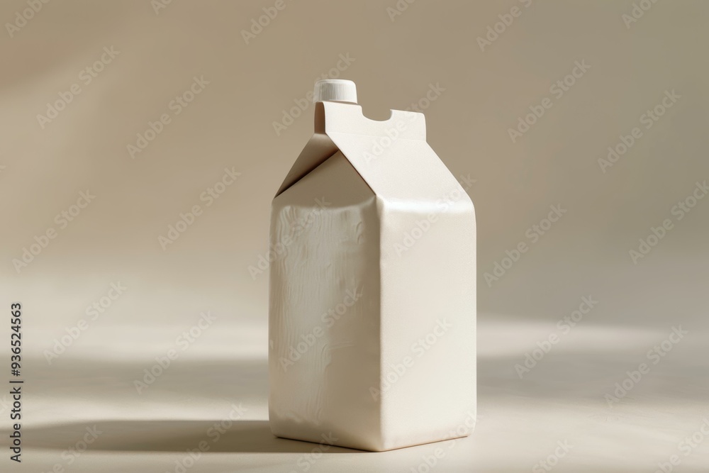 Minimalist photo of a blank, white milk carton against a subtle beige background ideal for dairy industry, packaging mockups, or minimalist designs,