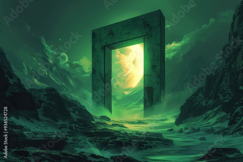 A massive, ancient gateway stands amidst a surreal, misty landscape with a glowing celestial body in the background, ideal for science fiction and fantasy themes,