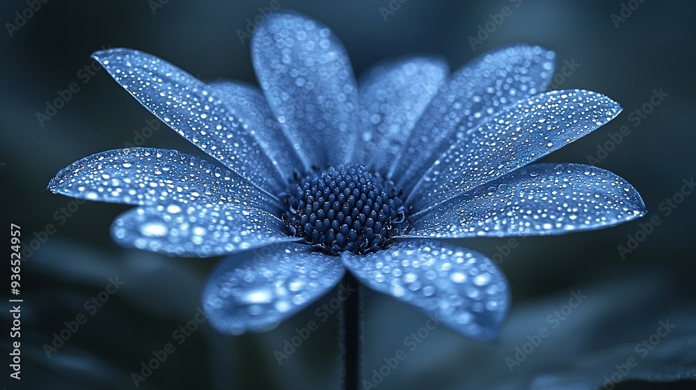 Blue flower with water droplets and green leaf in the foreground Blue flower with water droplets and green leaf in the foreground