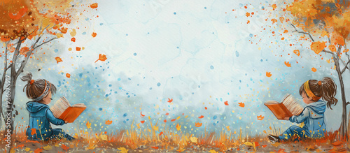 Obraz na płótnie Autumn's Literary Twins: A Tale of Two Readers, painting background for children