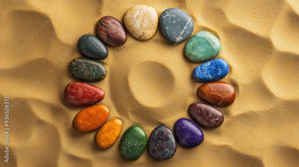 Colorful pebbles arranged in a circular shape on a sand background, viewed from above Colorful pebbles arranged in a circular shape on a sand background, viewed from above