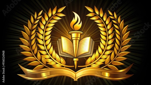 Golden university crest with open book and lighted torch, surrounded by laurel leaves and flowing ribbons, symbolizing knowledge, wisdom, and academic excellence. photo