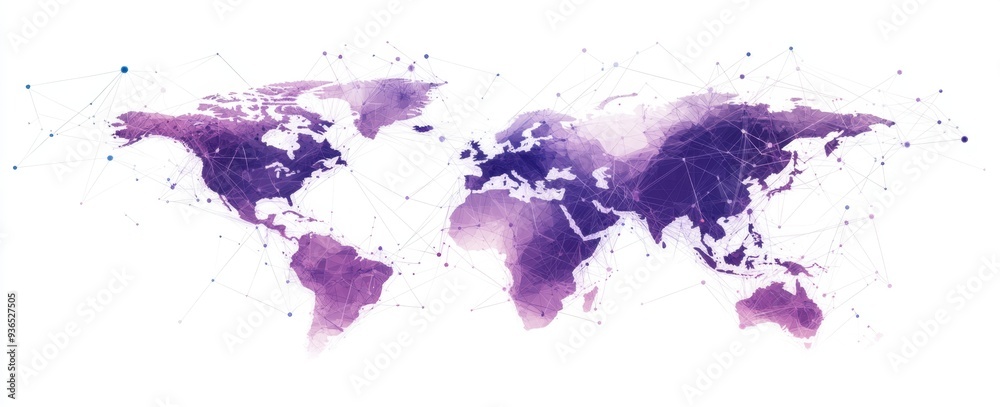 Fototapeta premium A world map made of dots and lines, the connecting points forming an arrow shape pointing to multiple continents, with a purple color on a white background Generative AI