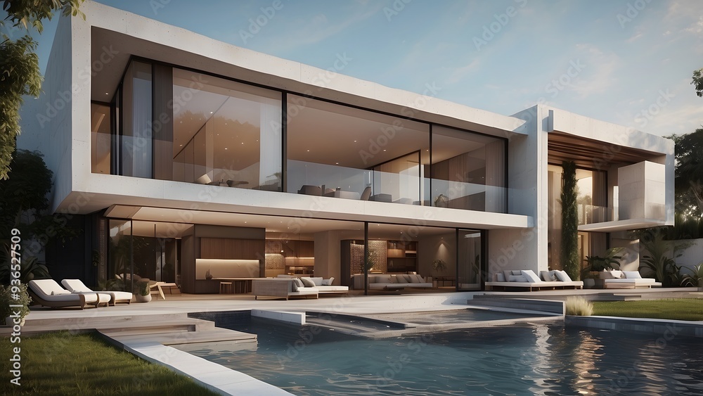 Architectural exterior design of lush green front yard of a palace, crystal clear swimming pool filled with water of a house 