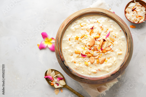Traditional indian dessert kheer rice pudding photo