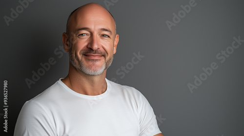 happy, handsome, athletic middle-aged man wearing a white t-shirt