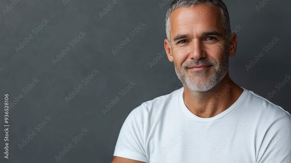 happy, handsome, athletic middle-aged man wearing a white t-shirt happy, handsome, athletic middle-aged man wearing a white t-shirt