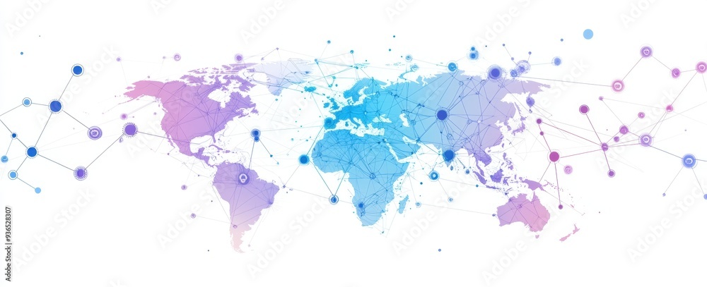 Fototapeta premium A simple line drawing of the world map with blue and purple dots connecting different points, representing global connections, on a white background Generative AI