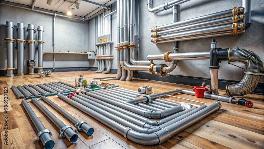 Grey pipes and tubes weaving beneath the floor, installation tools and ...