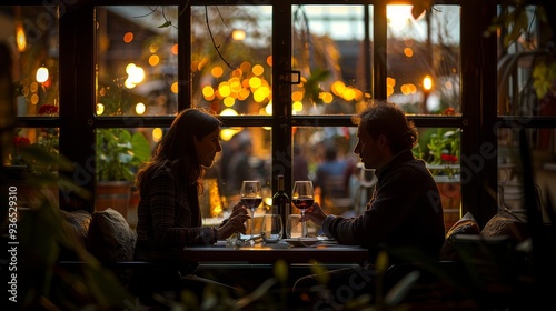 Romantic dinner at sunset, a couple enjoying wine in a beautifully lit restaurant. Ideal for promoting romantic dining experiences and evening outings.