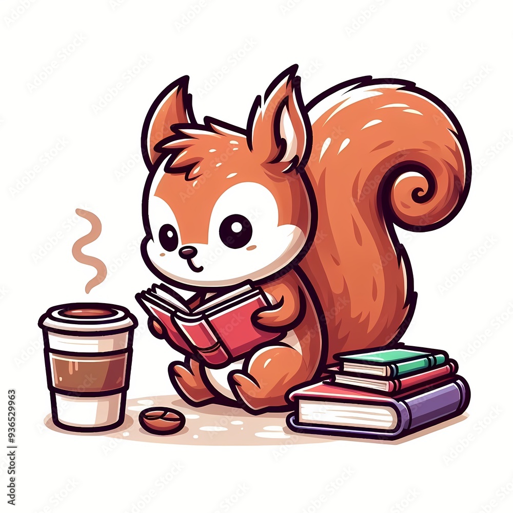 Cute Squirrel Reading Book With Coffee Cartoon Vector Icon Illustration Cute Squirrel Reading Book With Coffee Cartoon Vector Icon Illustration