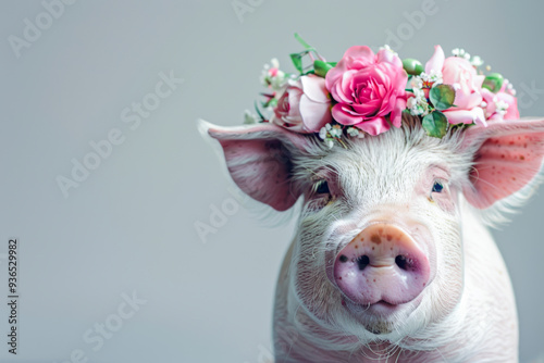 Adorable Pig with Flower Wreath photo