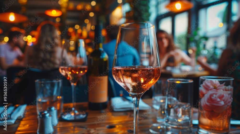 A close-up of a wine glass in a bustling restaurant, capturing the evening's vibrant and cozy atmosphere A close-up of a wine glass in a bustling restaurant, capturing the evening's vibrant and cozy atmosphere