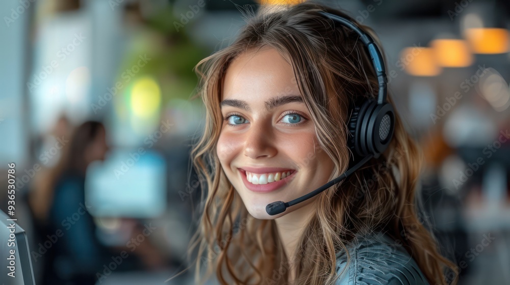 Smiling Call Center Agent Wearing Headset and Taking Calls Smiling Call Center Agent Wearing Headset and Taking Calls