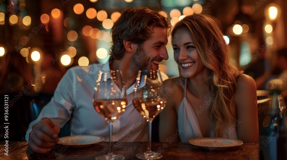 Elegant couple sharing a kiss at a candlelit dinner with wine glasses on a luxurious evening. Soft lighting and romantic ambiance make it perfect for date night and celebration themes. Elegant couple sharing a kiss at a candlelit dinner with wine glasses on a luxurious evening. Soft lighting and romantic ambiance make it perfect for date night and celebration themes.