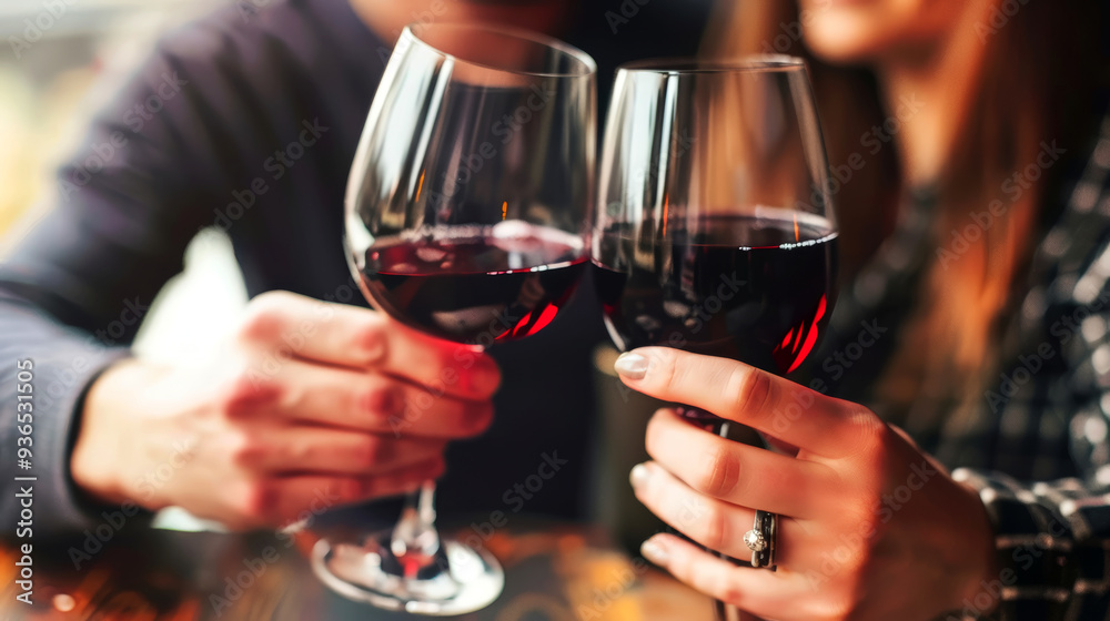 A couple sharing a moment with glasses of red wine, focusing on the hands holding the glasses and the intimate setting. A couple sharing a moment with glasses of red wine, focusing on the hands holding the glasses and the intimate setting.