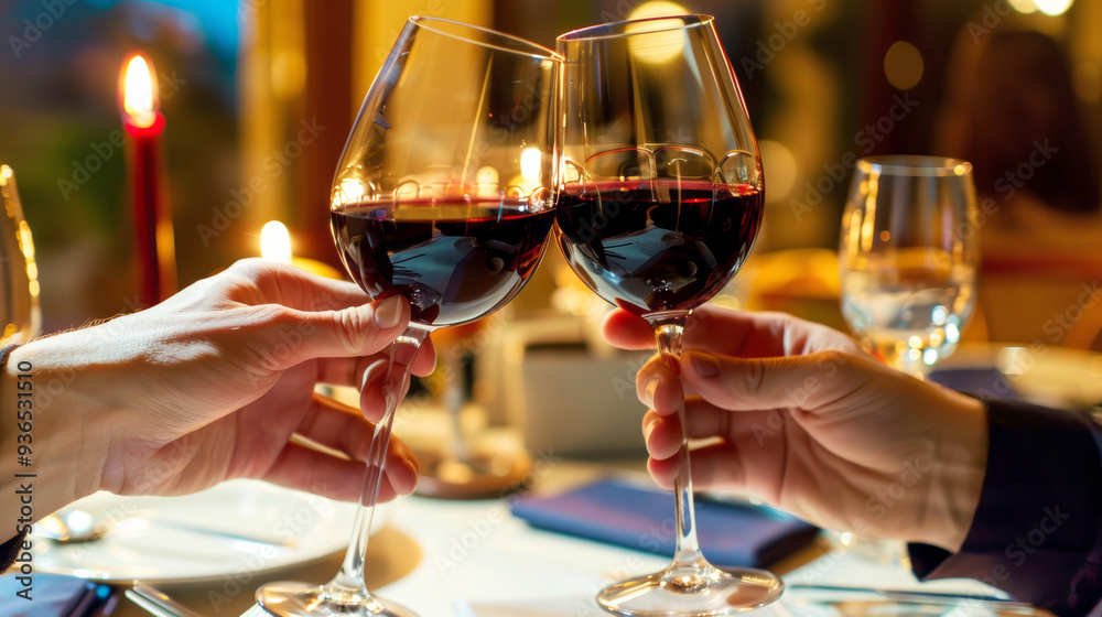 Obraz premium Close-up of two people toasting with glasses of red wine at a candlelit dinner, highlighting a romantic and warm atmosphere.