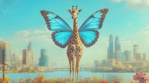 Surreal giraffe with butterfly wings against urban cityscape at sunrise