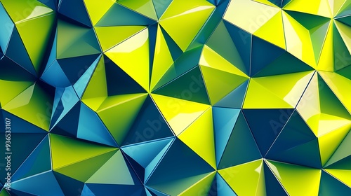 Geometric 3D triangular background. Abstract three-dimensional triangular lime green and metallic blue banner