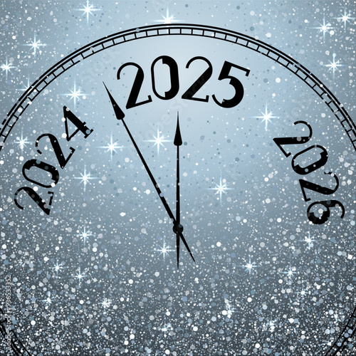 Clock showing 5 minutes before New Year 2025 vector conceptual design. New Year night time. 2025 year is close, silver confetti. Clock hands showing 5 minutes before midnight.