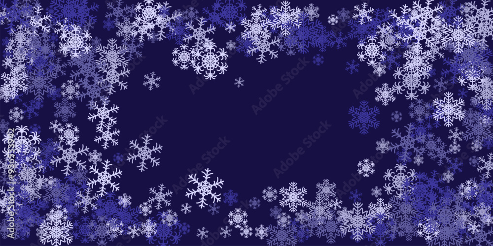Fototapeta premium Vector snowflakes. Snowfall, snow. Snowflakes on an isolated background. Snowfall sky white teal blue background. Many snowflakes february vector.