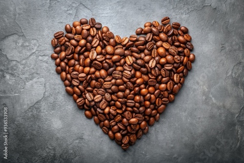 Heart-shaped arrangement of freshly roasted coffee beans on a minimalist gray background, perfect for coffee lovers and designers seeking a charming visual concept.