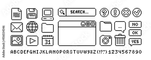 PC user interface icons in 90s pixel art style (1). Retro video game style office and organizer App icons set, browser, Search bar, PC window, media player. Editable pixel vector isolated on white