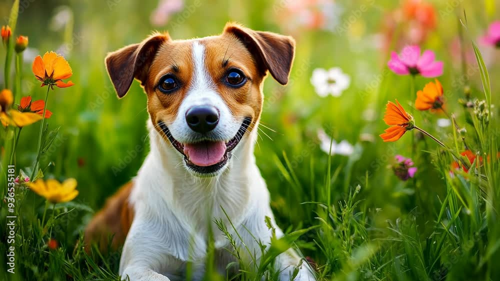Puppy relaxing in colorful garden with flowers. Playful dog in floral meadow. Relaxation and resting concept. Gardening and natural beauty