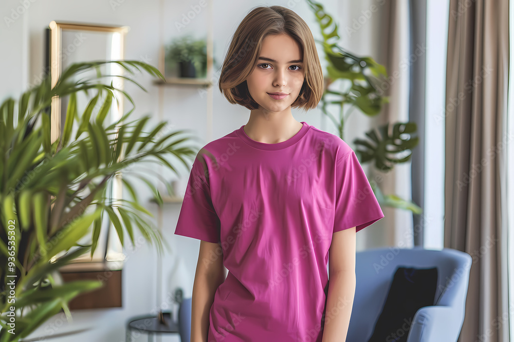 A young, Caucasian girl in a vibrant pink t-shirt stands confidently in a stylish living room filled with greenery. A young, Caucasian girl in a vibrant pink t-shirt stands confidently in a stylish living room filled with greenery.
