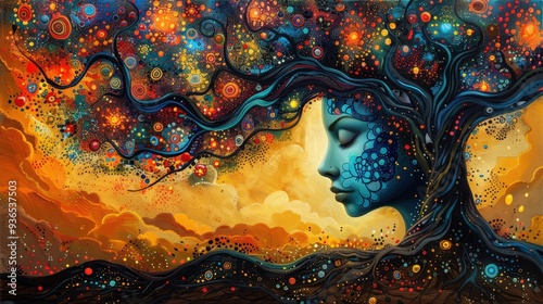 tree of life and woman, illustration, abstract art, design scene, wallpaper, abstract background