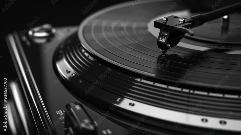 A stylish vinyl record player close up with a needle on a vinyl A stylish vinyl record player close up with a needle on a vinyl