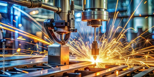 High-tech welding machine with sparks flying, surrounded by metallic components, in a contemporary industrial setting, exemplifying advanced manufacturing technology. photo