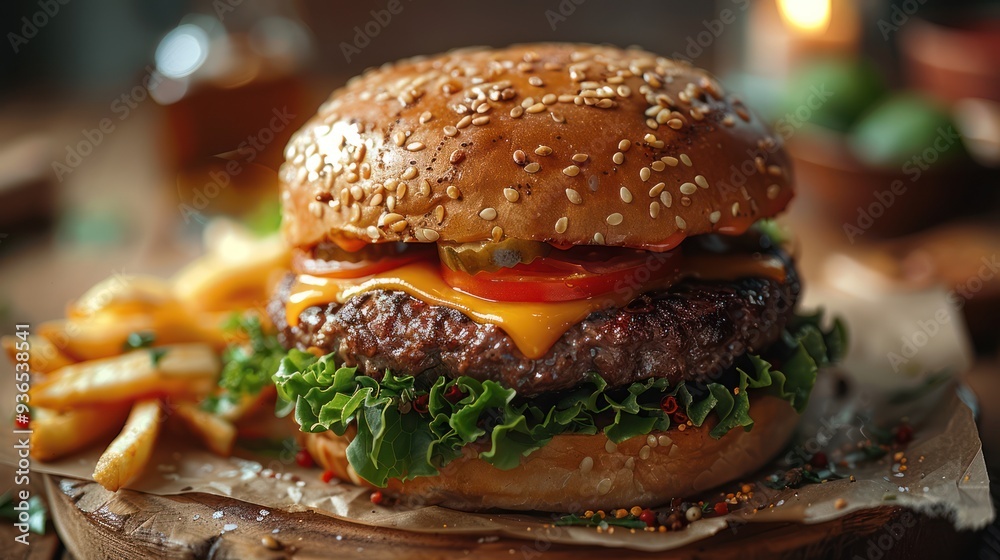 Savory Beef Burger with Fresh Lettuce, Ripe Tomato, and Melted Cheese on a Fluffy Brioche Bun, Accompanied by Golden Crispy Fries Savory Beef Burger with Fresh Lettuce, Ripe Tomato, and Melted Cheese on a Fluffy Brioche Bun, Accompanied by Golden Crispy Fries