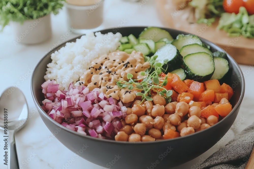 Vibrant vegan buddha bowl with chickpeas and fresh vegetables Vibrant vegan buddha bowl with chickpeas and fresh vegetables