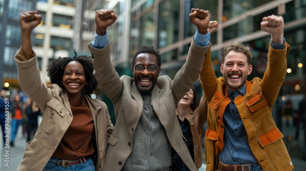 Successful Diversity: Business Team Celebrates Good News with Fists Up in Front of Office Building Successful Diversity: Business Team Celebrates Good News with Fists Up in Front of Office Building